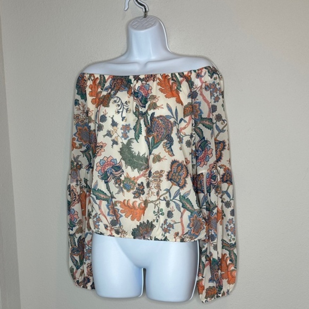 Flying Tomato Off-Shoulder Floral Blouse in Cream and Orange